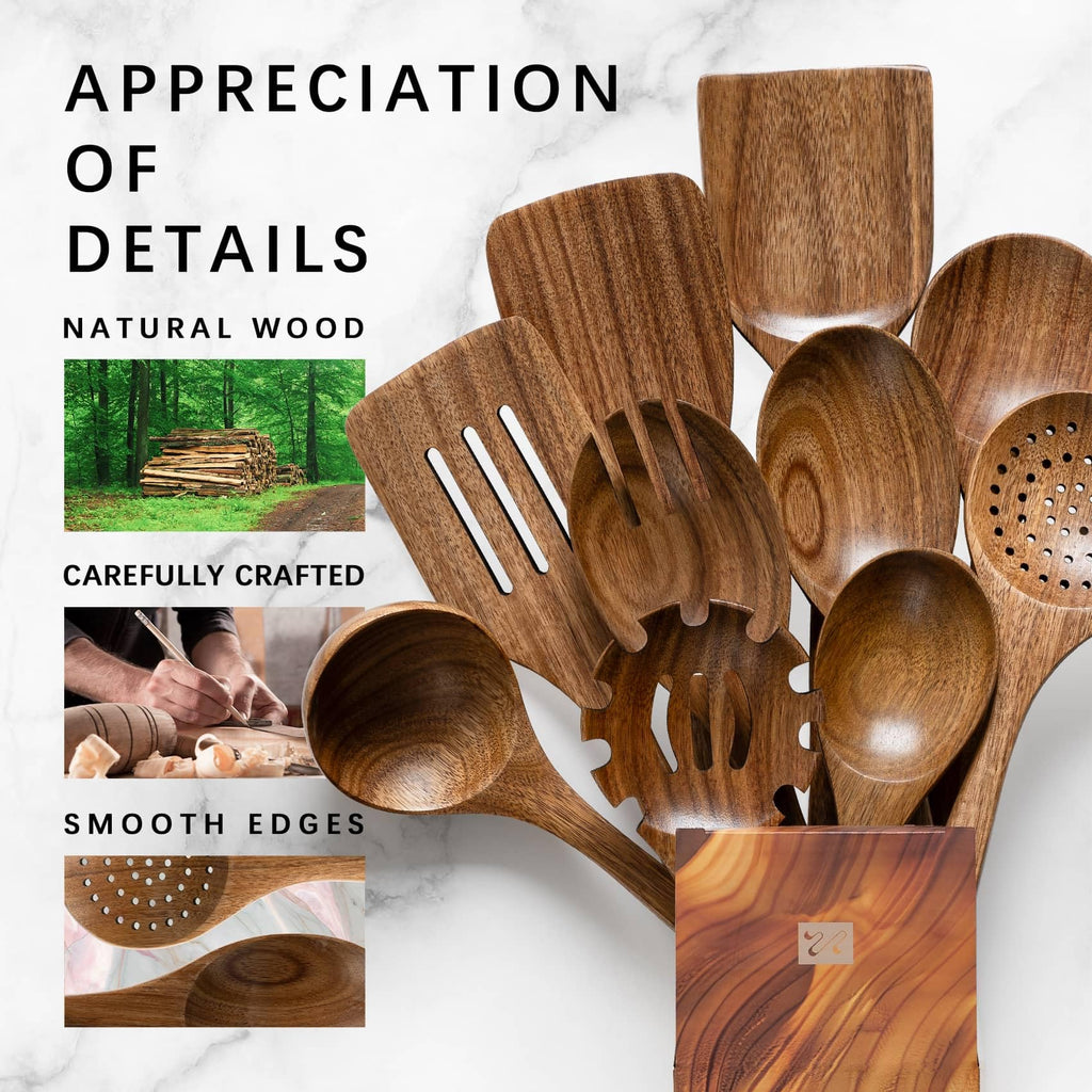 Hefild Wooden Spoons for Cooking, 10-Piece Acacia Wood Cooking Utensil Set