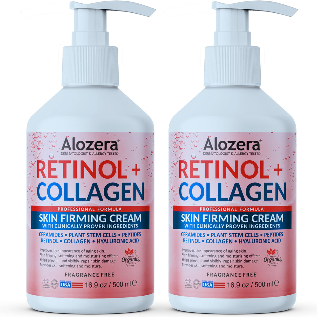 Alozera Skin Firming Retinol Collagen Face & Body Lotion with Stem Cells for Aging Skin and Wrinkles, Non-Greasy, Lightweight Moisturizer, Fragrance-Free, 16.9 oz (2-Pack)