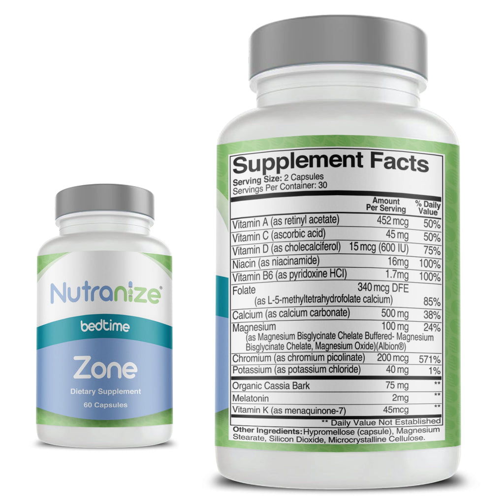 Nutranize Zone Twin-Pack Supplement System - Pharmacist-Designed Morning & Bedtime Capsules with Magnesium Glycinate, Vitamin D3, K2 MK7, Methylfolate, Chromium, Melatonin - 30 Day Supply (120 Count)