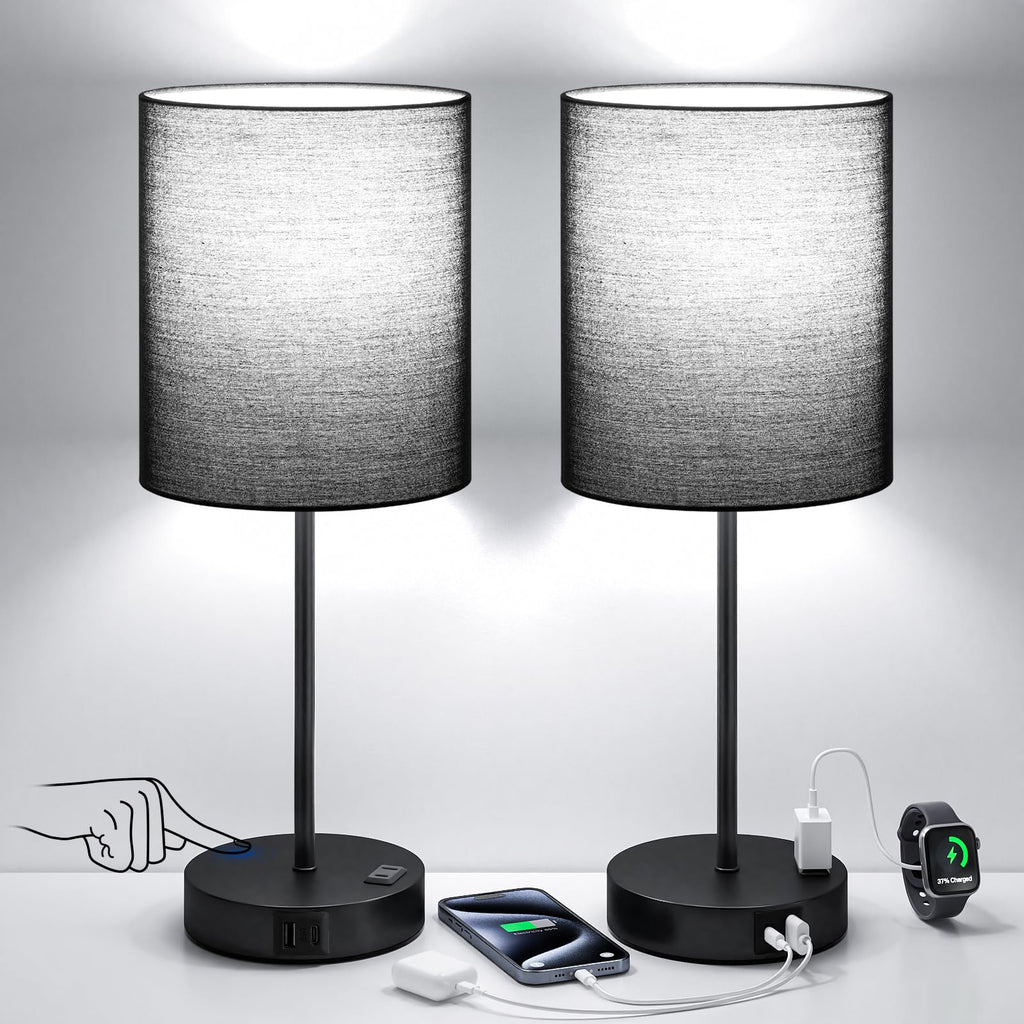 Black Touch Lamps for Nightstand Set of 2 - Bedside Table Lamp for Bedroom with Dual USB Ports & AC Outlet, 3-Way Dimmable Lamps for Living Room Boys Room, Night Light with 5000K Daylight Bulbs