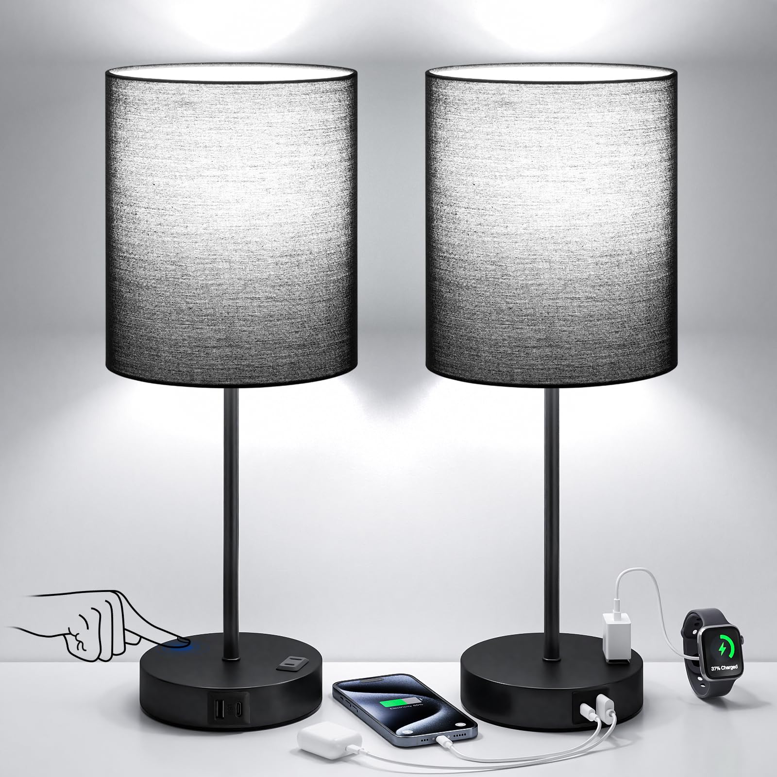 Black Touch Lamps for Nightstand Set of 2 - Bedside Table Lamp for Bedroom with Dual USB Ports & AC Outlet, 3-Way Dimmable Lamps for Living Room Boys Room, Night Light with 5000K Daylight Bulbs
