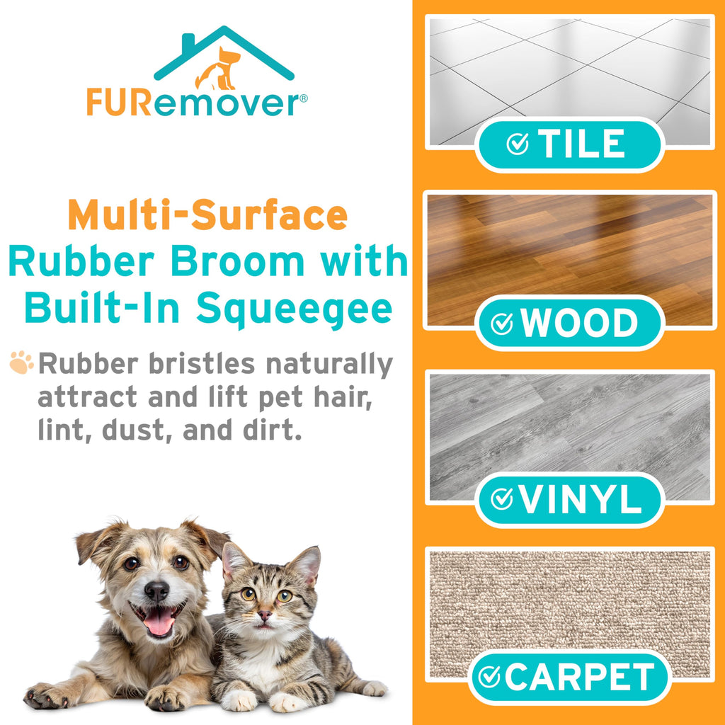 FURemover Original Plus Pet Hair Rubber Broom with Squeegee, with 61" Telescopic Handle for Carpet, Tile and Hardwood