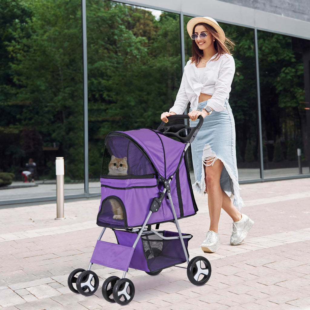ZENY Foldable Pet Stroller, Cat/Dog Stroller with 4 Wheel, Pet Travel Carrier Strolling Cart with Storage Basket, Cup Holder (Purple)
