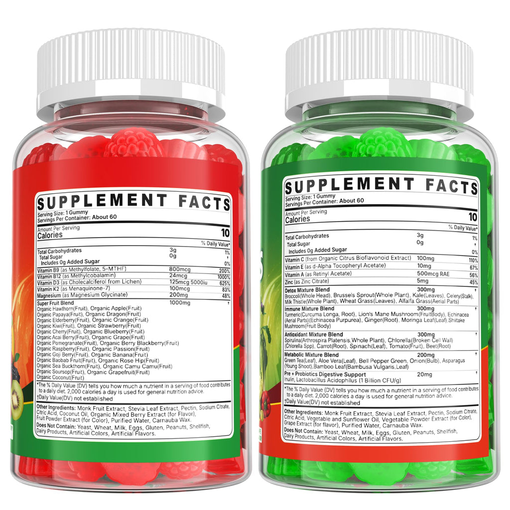 Super Greens Gummies, Daily Green Superfood Supplement w/Spirulina, Chlorella, Mushrooms, Probiotics, Multivitamins, 50+ Super Greens & Veggies Gummies to Boost Immunity, Energy & Gut Health, 120cts