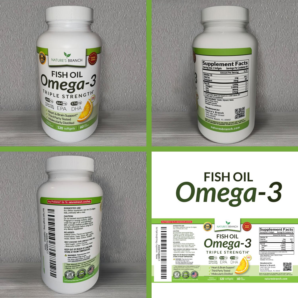 Triple Strength Omega 3 Fish Oil Supplements 2400mg | 120 Capsules, Burpless High Potency Lemon Flavor, High EPA DHA for Men & Women Ultra Pure Softgels | Joint Support, Eyes, Heart Brain Health Pills