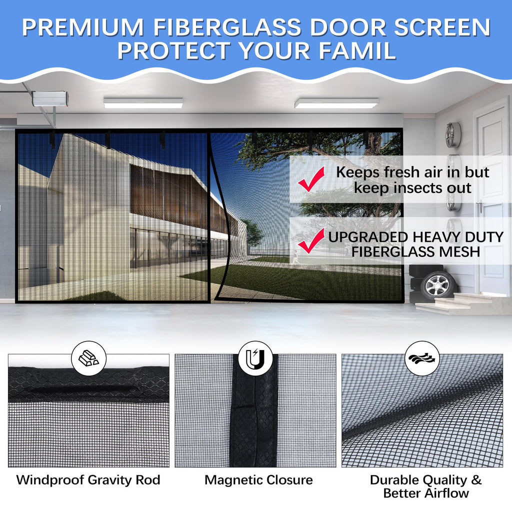 Garage Door Screen for 2 Car Garage 16x7FT, Magnetic Screen Garage with Retractable Fiberglass Mesh and Heavy Duty Weighted Bottom, Easy Assembly & Pass, Hands Free Door Screen Kit
