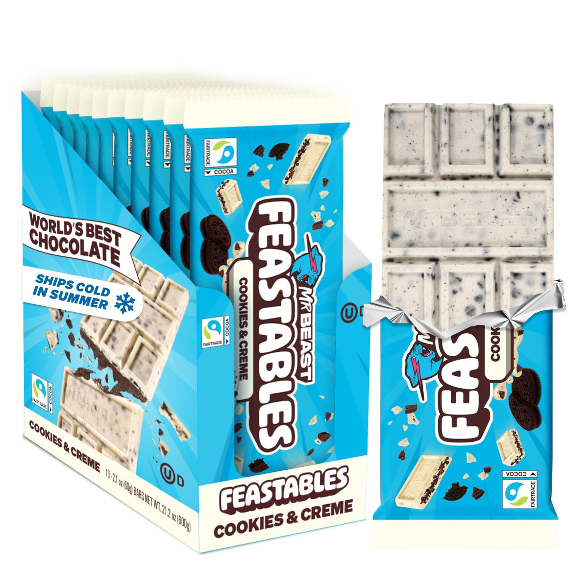 MrBeast Feastables Cookies & Creme Chocolate Bar, King Size, 10 Count
