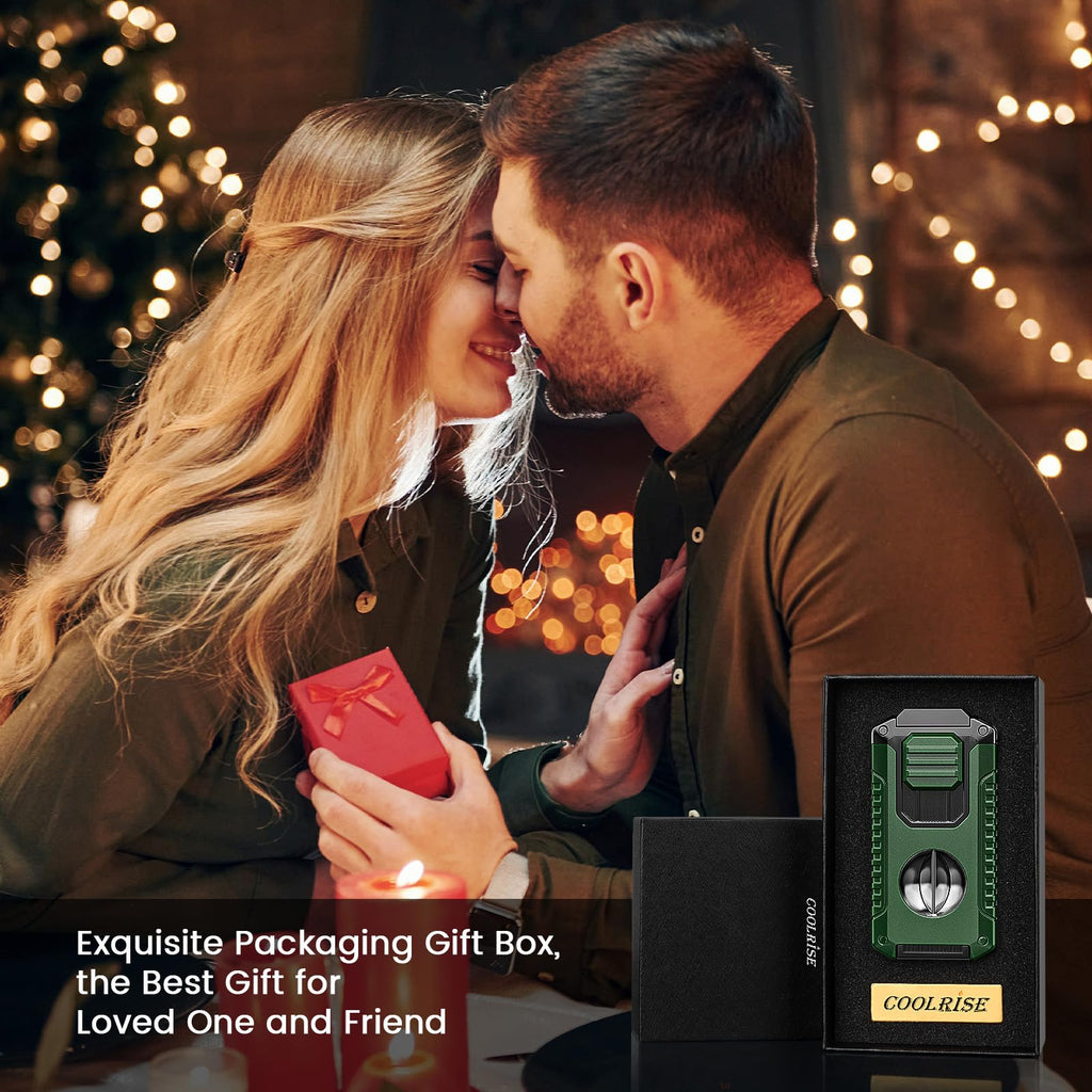 5-in-1 Torch Lighter with V-Shape Shear, Punch, Holder, and Draw Enhancer, Triple Windproof Flame, All-in-one Lighter with Multi-Functional Accessory, Refillable Butane Lighter with Gift Box for Men