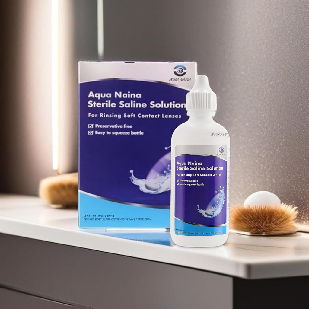 Aqua Naina Plus Sterile Saline – Preservative-Free, Single-use Rinse for Soft, RGP & scleral Lenses Before Application. Travel-Friendly, 12 x 1 fl oz Bottles