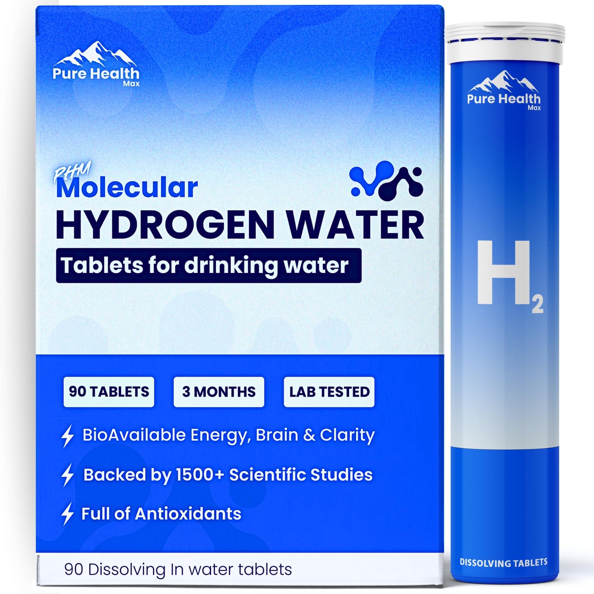 PHM Hydrogen Water Tubes, Tablets for Drinking Water - H2 Molecular Tabs | Magnesium Pills, Electrolytes Hydration Supplement to Support Healthy Aging & Energy Boost | 90 Tablets, 3 Months Supply