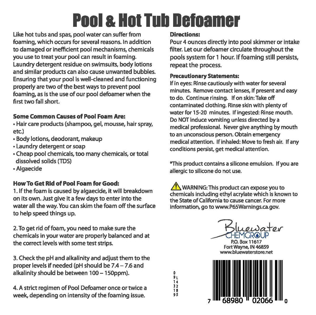 Pool & Hot Tub Defoamer, 1 Gallon, Quickly Eliminate Foam in Pool or hot tubs.