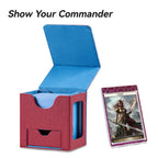 Mage Tech Card Deck Box for MTG Commander - Patented Design, Commander Display, Fits 100 Double-Sleeved Cards, 35pt Card Brick & Dice Tray - Red/Blue