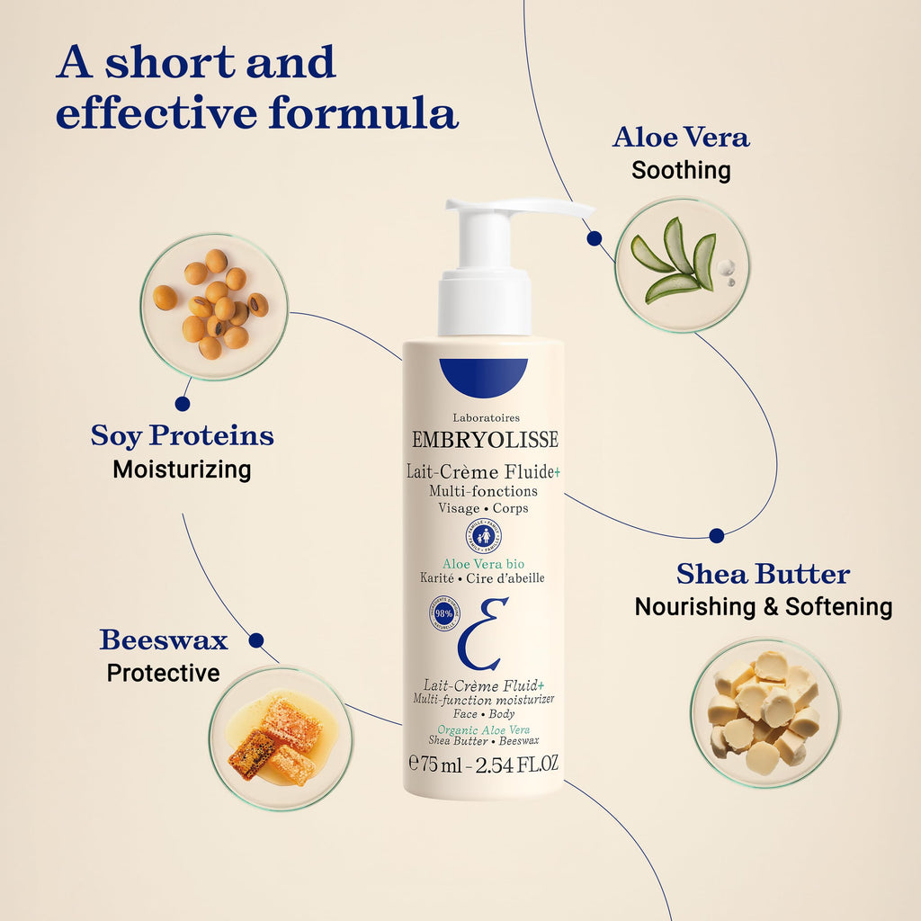 Embryolisse Lait Creme Fluid+ Face & Body Cream. Natural Lightweight Moisturizer for All Skin Types. Hydrating Lotion with Shea Butter & Aloe Vera, 2.54 Fl Oz