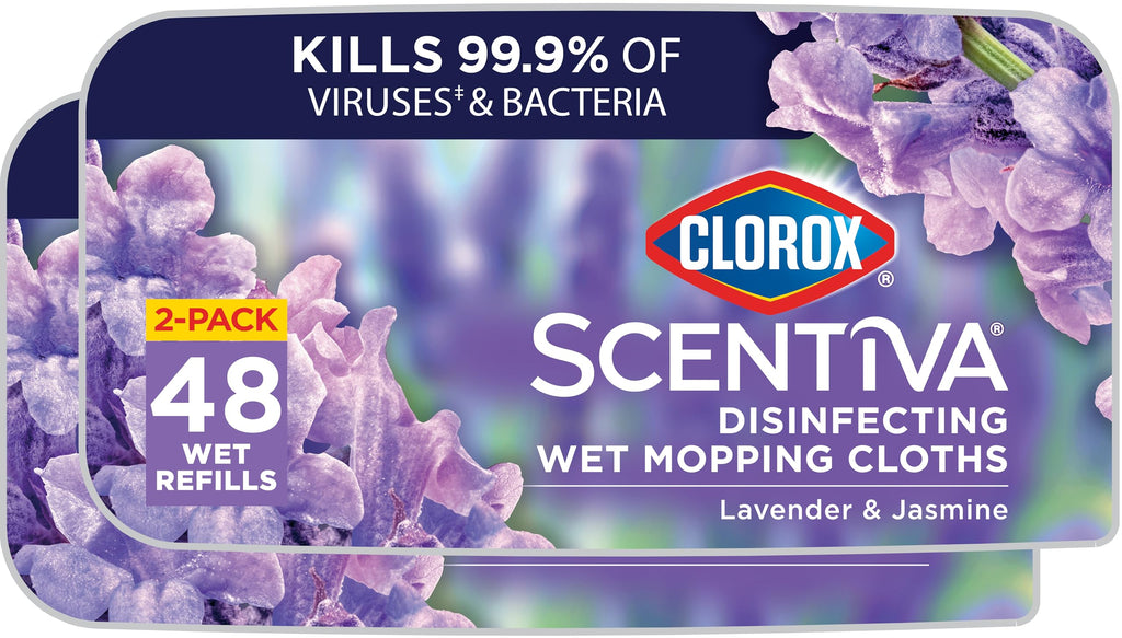 Clorox Scentiva Disinfecting Wet Mop Pad, Disposable Heads, Multi-Surface Floor Wipes, Lavender and Jasmine, 2 Packs, 24 Refills Per Pack (Package May Vary)