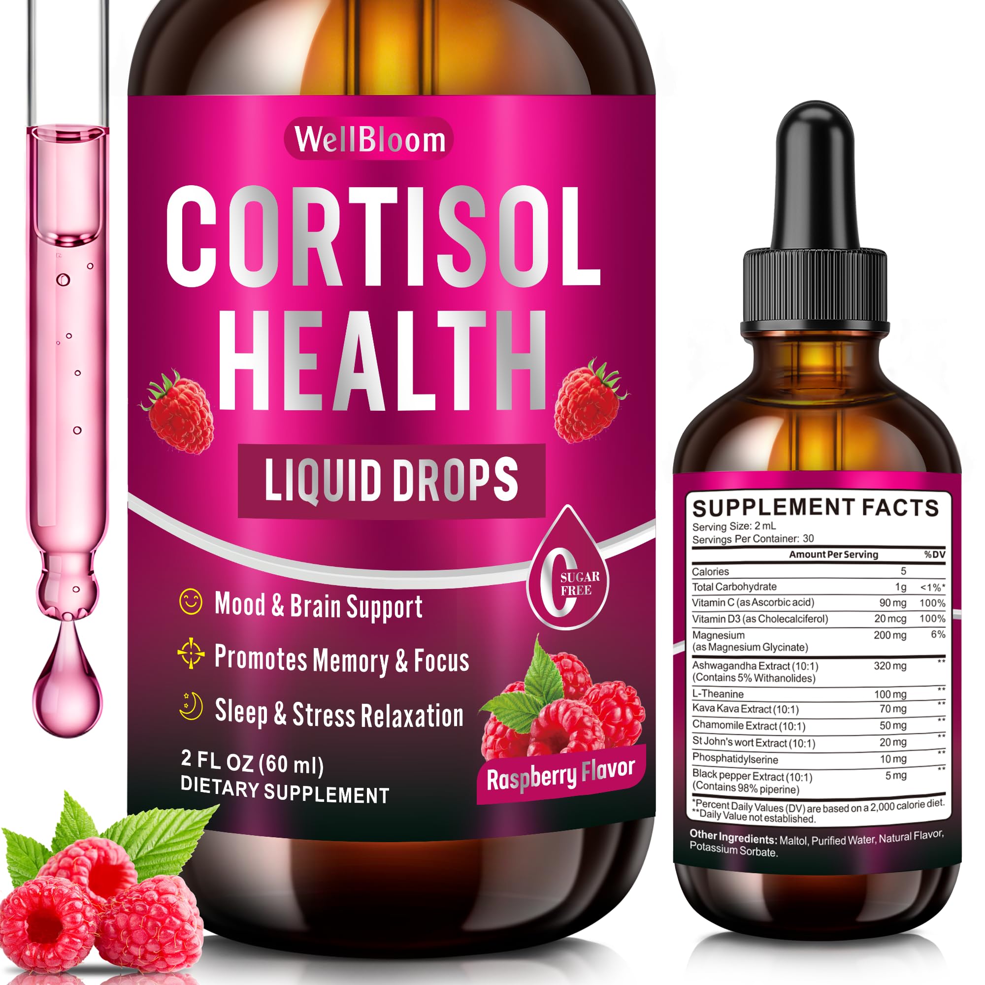 WellBloom Cortisol Reducer for Women & Men with Magnesium Glycinate, Ashwagandha, L-Theanine - Supports Stress Relief, Sleep & Heart Health, Nerves, Muscles - 2 Fl Oz