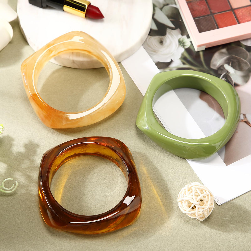Landical 3 Pcs Colorful Square Acrylic Resin Bangle Bracelet Wide Geometric Irregular Wristbands Women(Amber, Light Khaki, Green)