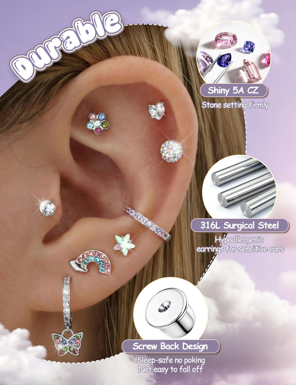 Hypoallergenic Earrings for Girls Women Kids Toddler Surgical Steel Earring