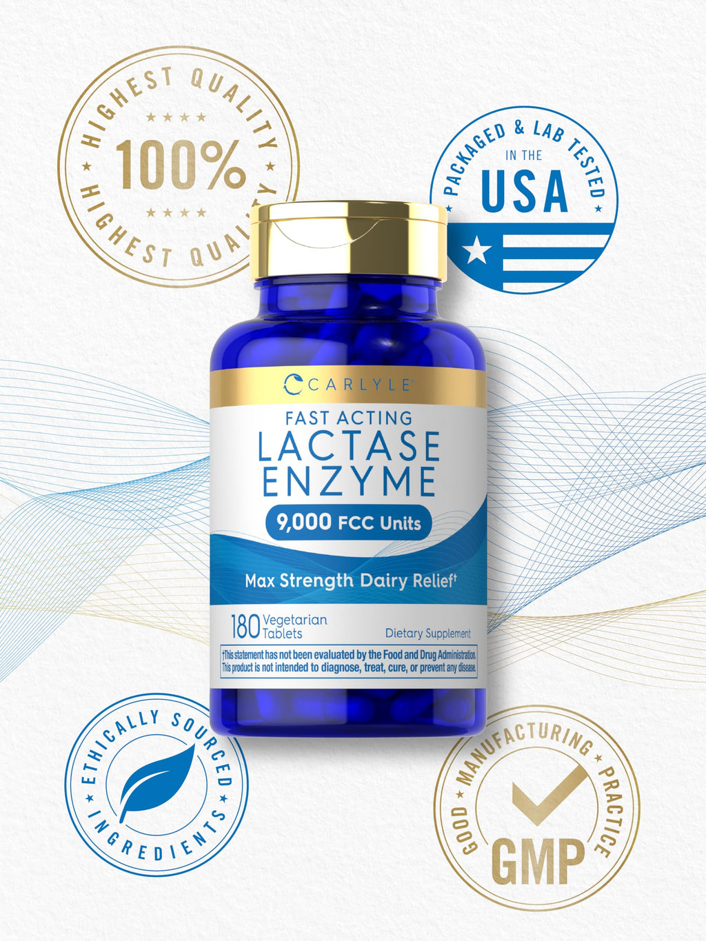Carlyle Lactase Enzyme Tablets 9000 FCC | 180 Pills | Max Strength Dairy Relief | Fast Acting Formula | Vegetarian, Non-GMO, Gluten Free