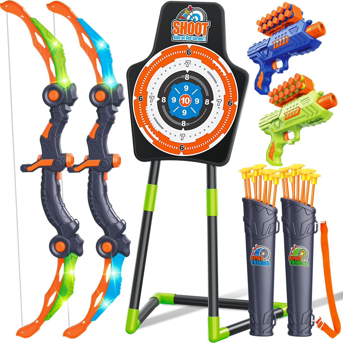 Bow and Arrow Toys for Kids, 2 Pack LED Light Up Archery Set Outdoor Indoor