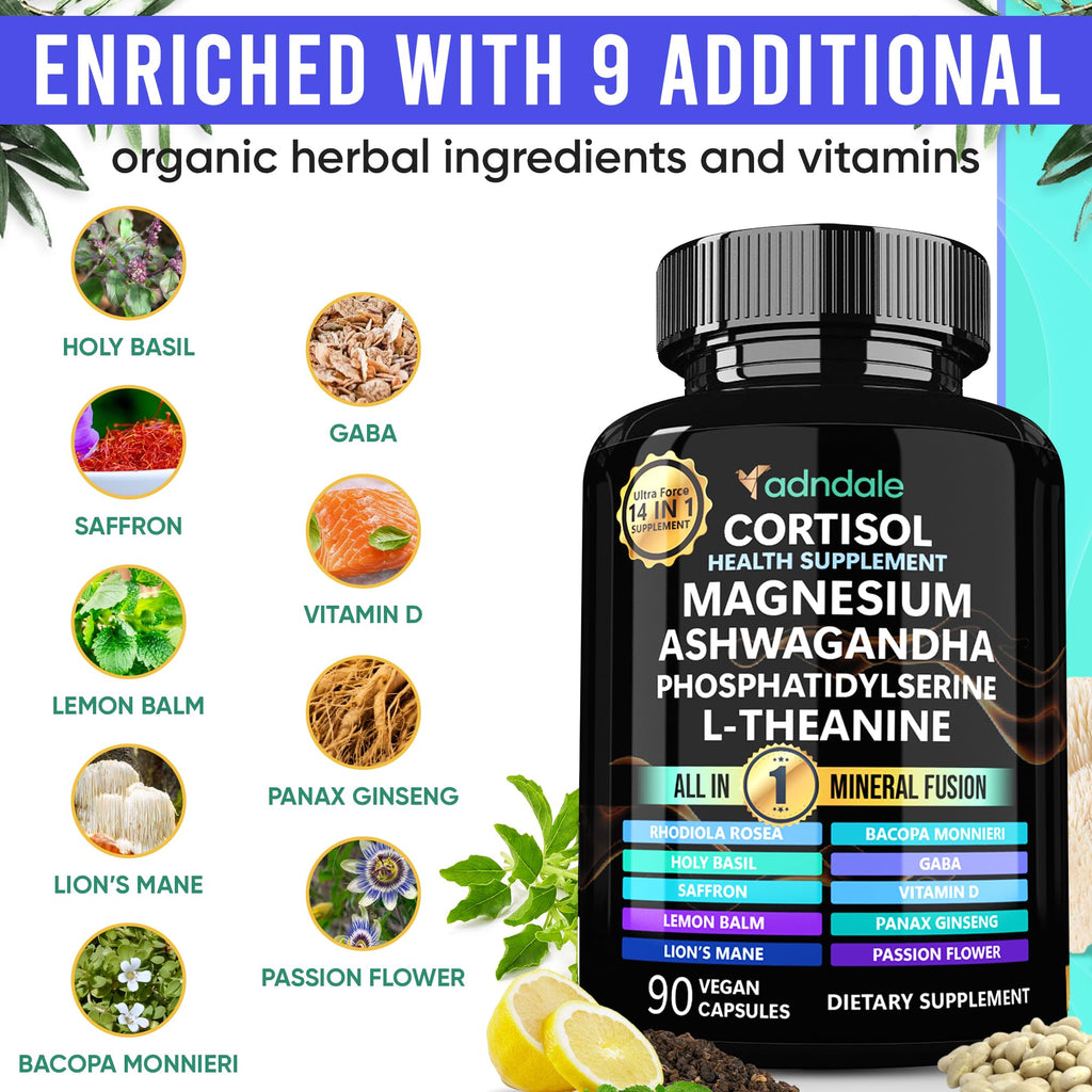 Adndale Cortisol Supplements for Women. Cortisol Reducer 14-in-1 Ashwagandha Supplement with Magnesium Glycinate, L-Theanine & More. 90 Capsules.