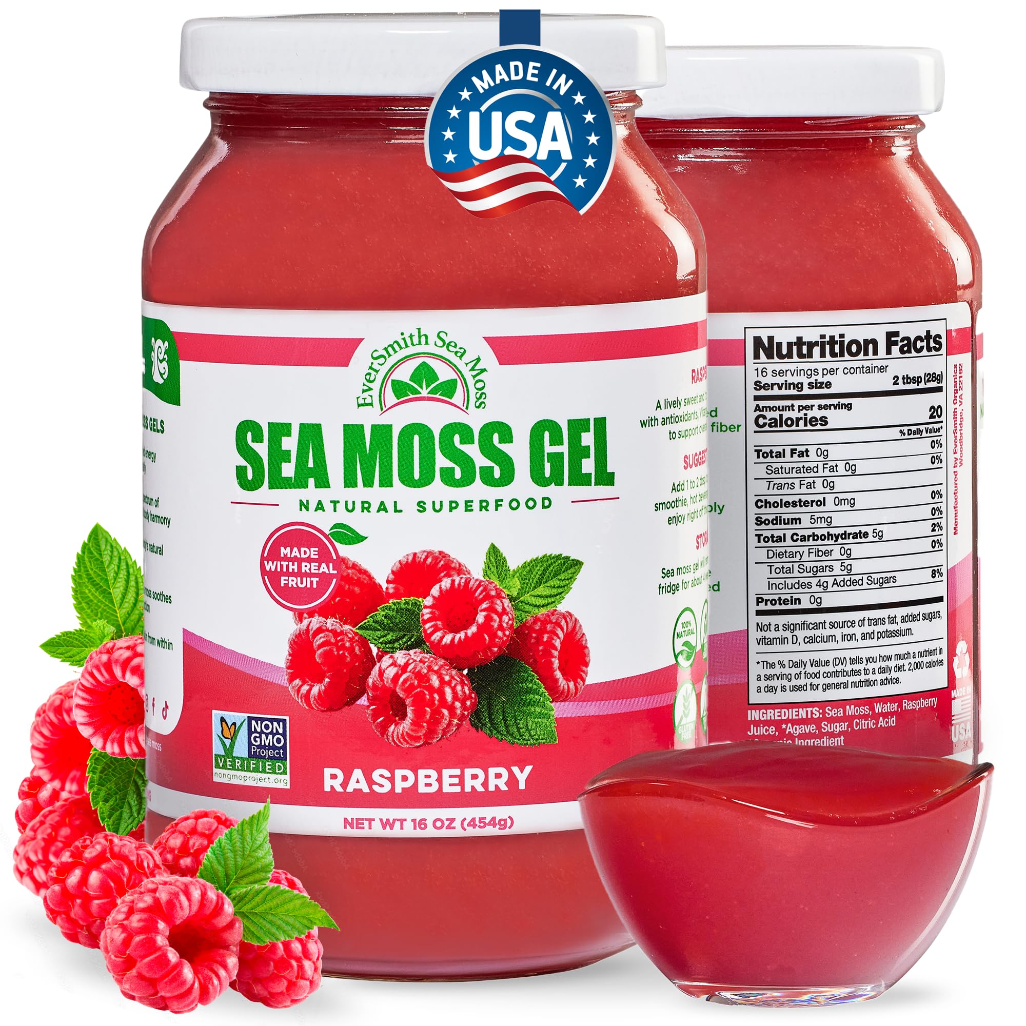 EverSmith Organics - Wildcrafted Irish Sea Moss Gel | Made in USA | Rich in Nutrients | Sea Moss Gel Raw | Jarred Vegetables & Fruits | Raspberry (1 Jar)