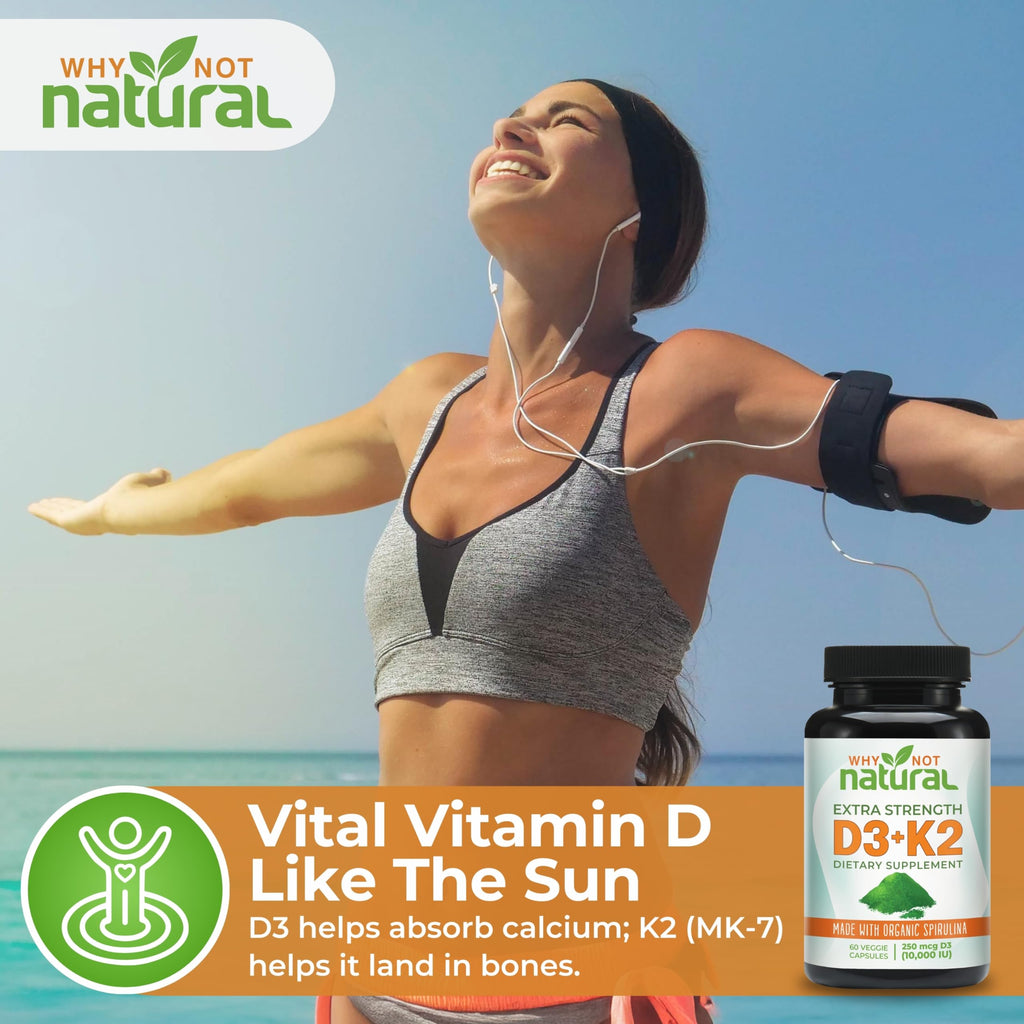 Why Not Natural Vitamin D3 K2 (MK-7) with Organic Spirulina, 10000 IU Extra Strength Supplement in Veggie Capsules, Supports Bone Health, Immune System and Mood