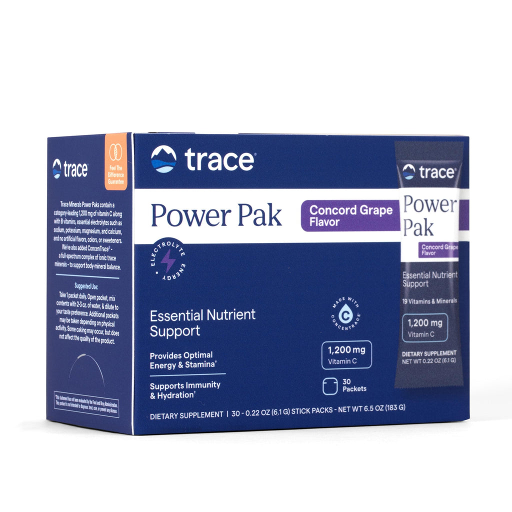 Trace Minerals | Power Pak Electrolyte Powder Packets | 1200 mg Vitamin C, Zinc, Magnesium | Boost Immunity, Hydration and Natural Energy | Concord Grape | 30 Packets