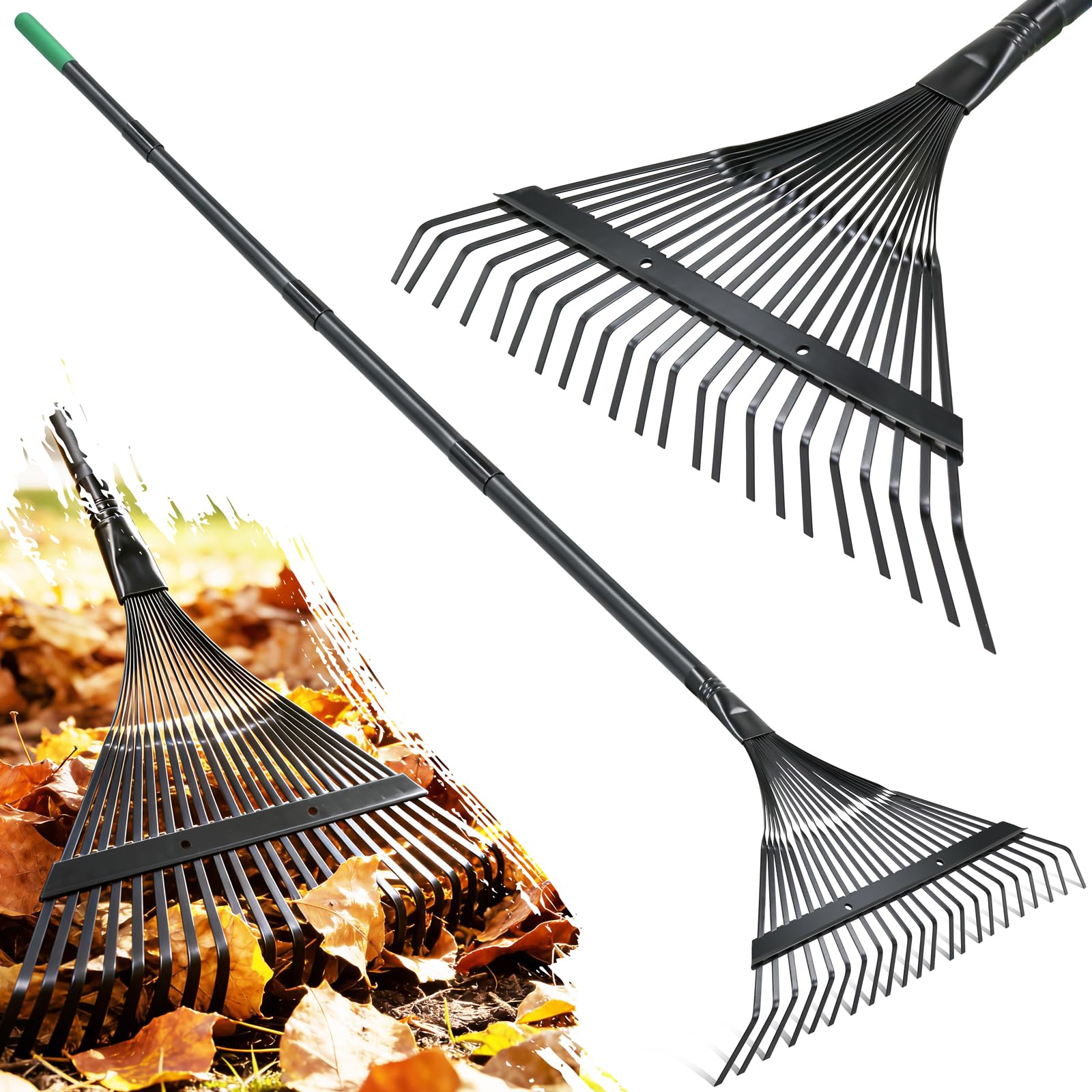 Altdorff Garden Leaf rake, 6FT Rake for Lawns Lightweight 22 Metal Tines 16.3 inch Wide, Adjustable Steel Handle, Rakes for Leaves, Gathering Shrub, Grass, Weeds, Debris,Yard