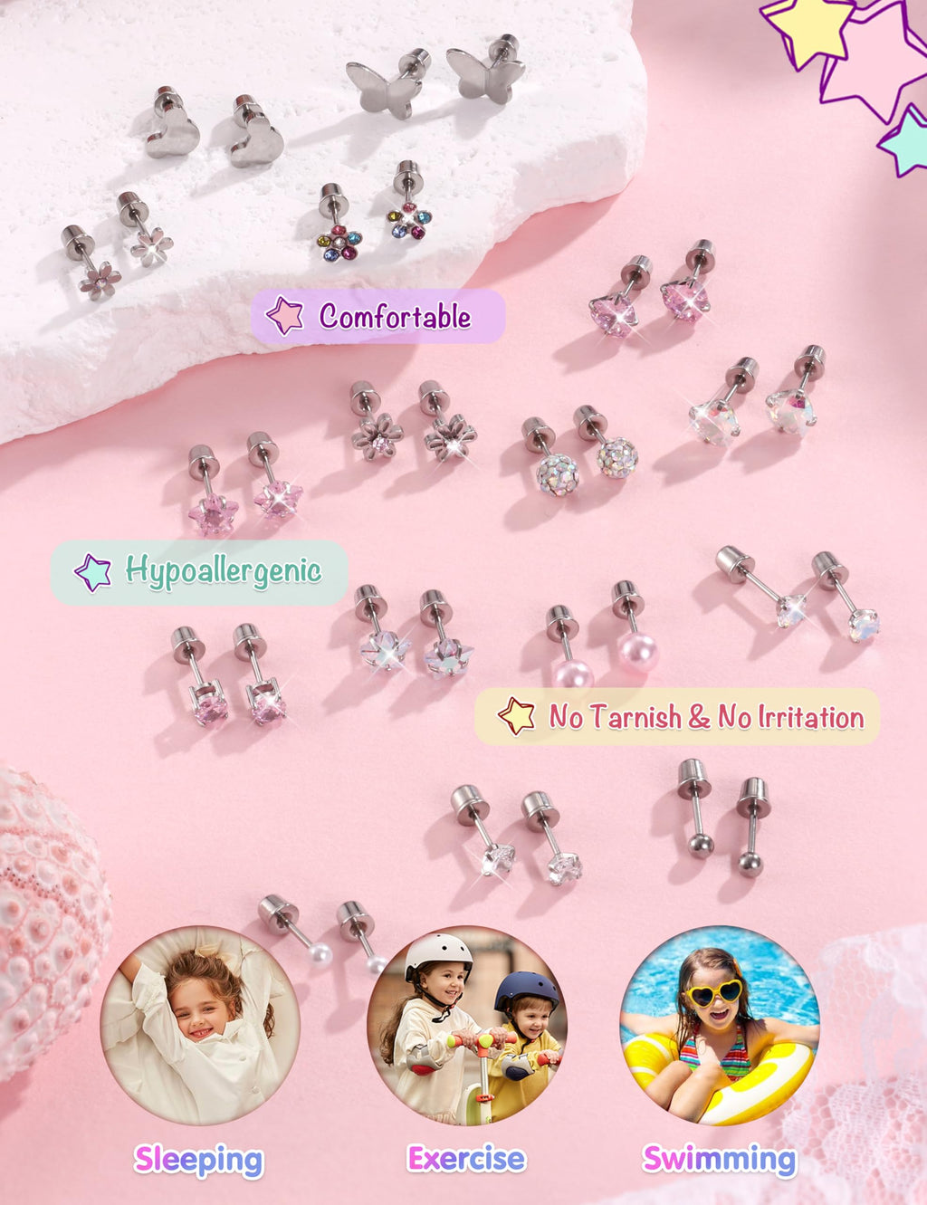 CASSIECA 16Pairs Hypoallergenic Screw Back Earrings for Girls Stud Earrings