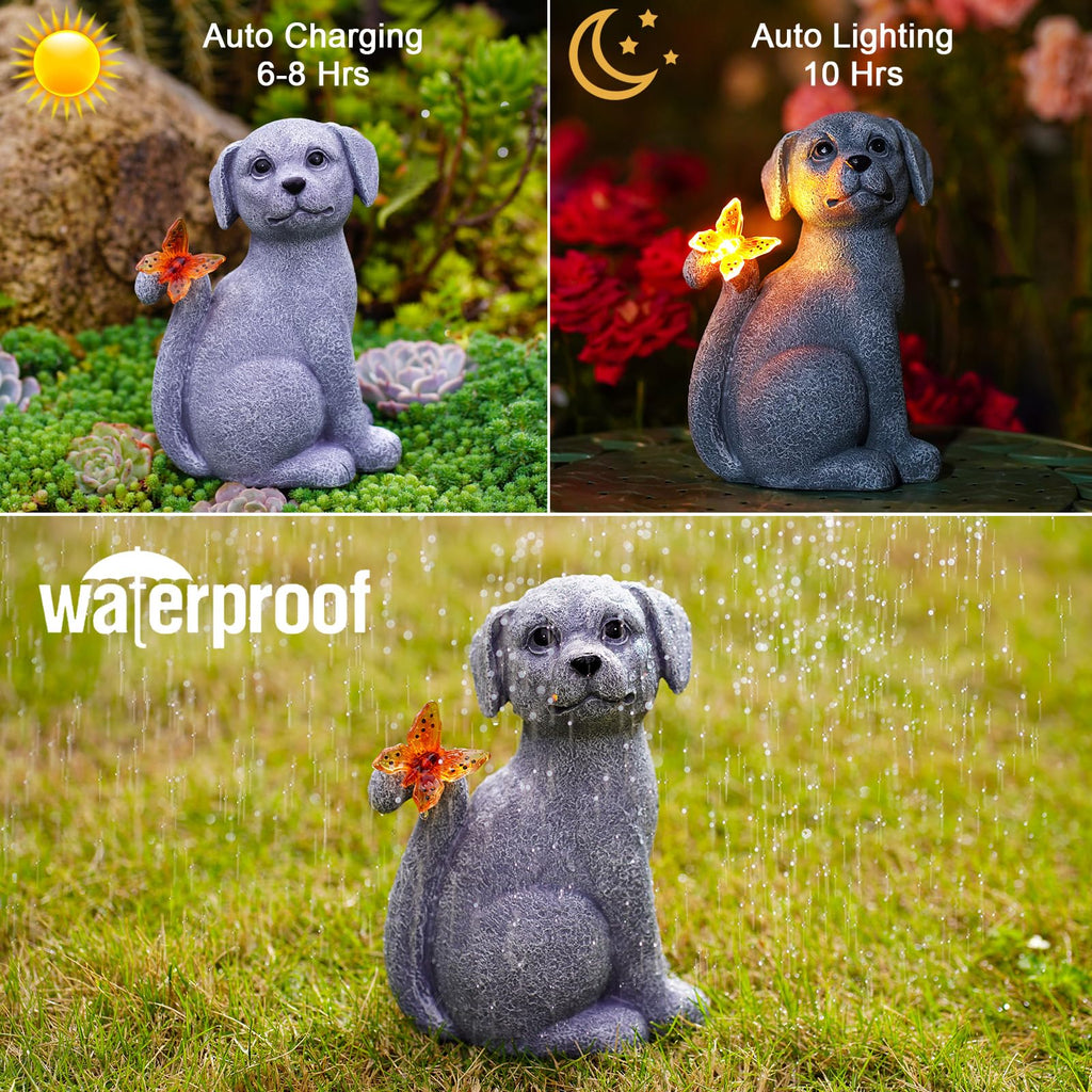 Nacome Dog Outdoor Statues for Garden with Solar Butterfly