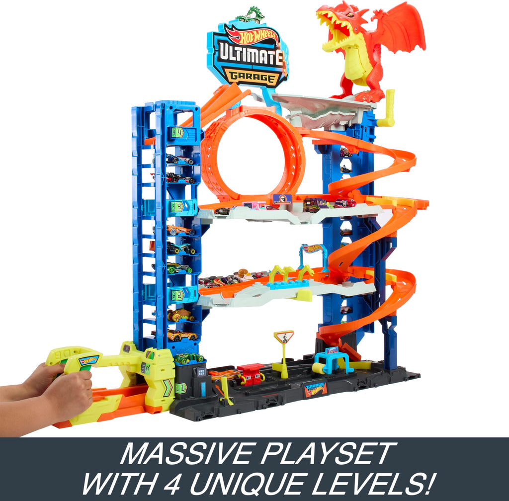 Hot Wheels City Ultimate Garage Track Set with 2 Die-Cast Toy Cars & Car-Eating Dragon, Stores 50+ Vehicles, 4 Levels