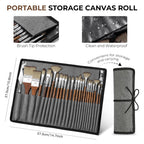 Fuumuui 25pcs Paint Brush Set, Professional 9 Shapes with Wide Flat, Filbert, Fan, Dagger, Cat Tongue, Round, Angle, Rigger for Acrylic Oil Watercolor | Includes Palette Knife & Waterproof Canvas Roll