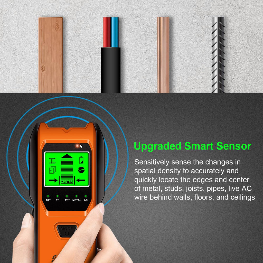 Stud Finder Wall Scanner, 5 in 1 Multifunction Stud Locator with Smart Sensor, HD LCD Display and Audio Alarm for The Center & Edge of Metal, Studs, AC Wire, and Pipe Detection (Tropical Orange)