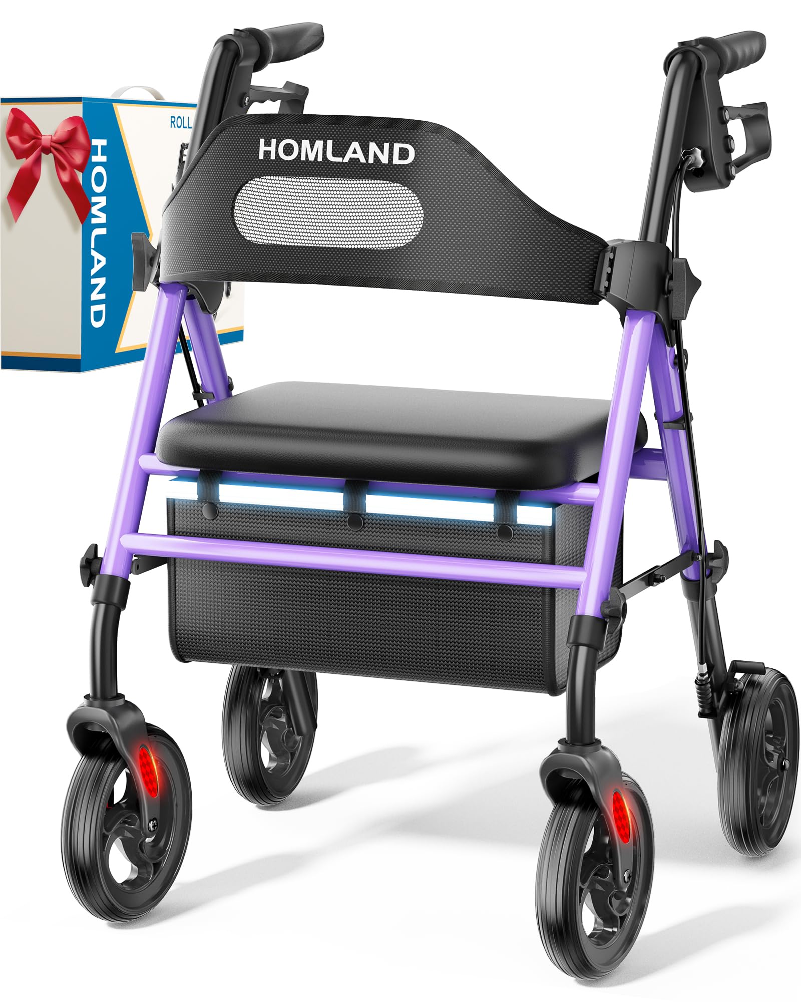 HOMLAND Foldable Rollator Walkers with Seat for Seniors, 8'' Big Wheels, 350 lb. Weight Capacity, Adjustable Handles and Seat Height, Lightweight Rolling Walker, Purple