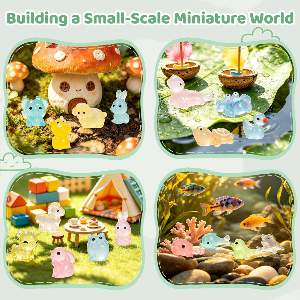 Gucoqe 400PCS Mini Resin Animals, 100+ Styles Glow in the Dark Tiny Animal Figurines Bulk for Fairy Garden, Aquarium, Micro Landscape and DIY Craft Decor
