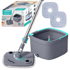 TRUE & TIDY Square Spin Mop & Bucket System – Dual Chamber for Clean & Dirty Water, 360° Rotating Self-Wringing Mop with Built-in Scrub Brush, Stainless Steel Handle & 2 Reusable Microfiber Mop Pads