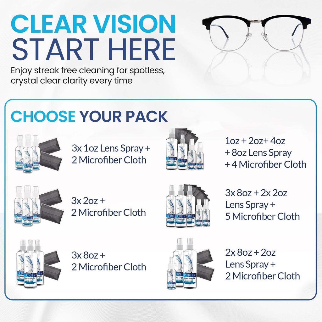 Purity Eyeglass Lens Cleaner Spray Kit - 3 x 8oz Lens Cleaner Spray Bottle + 2 Microfiber Cloth for Cleaning - Safe for All Lenses (AR Coated Included), Eyeglasses and Screens