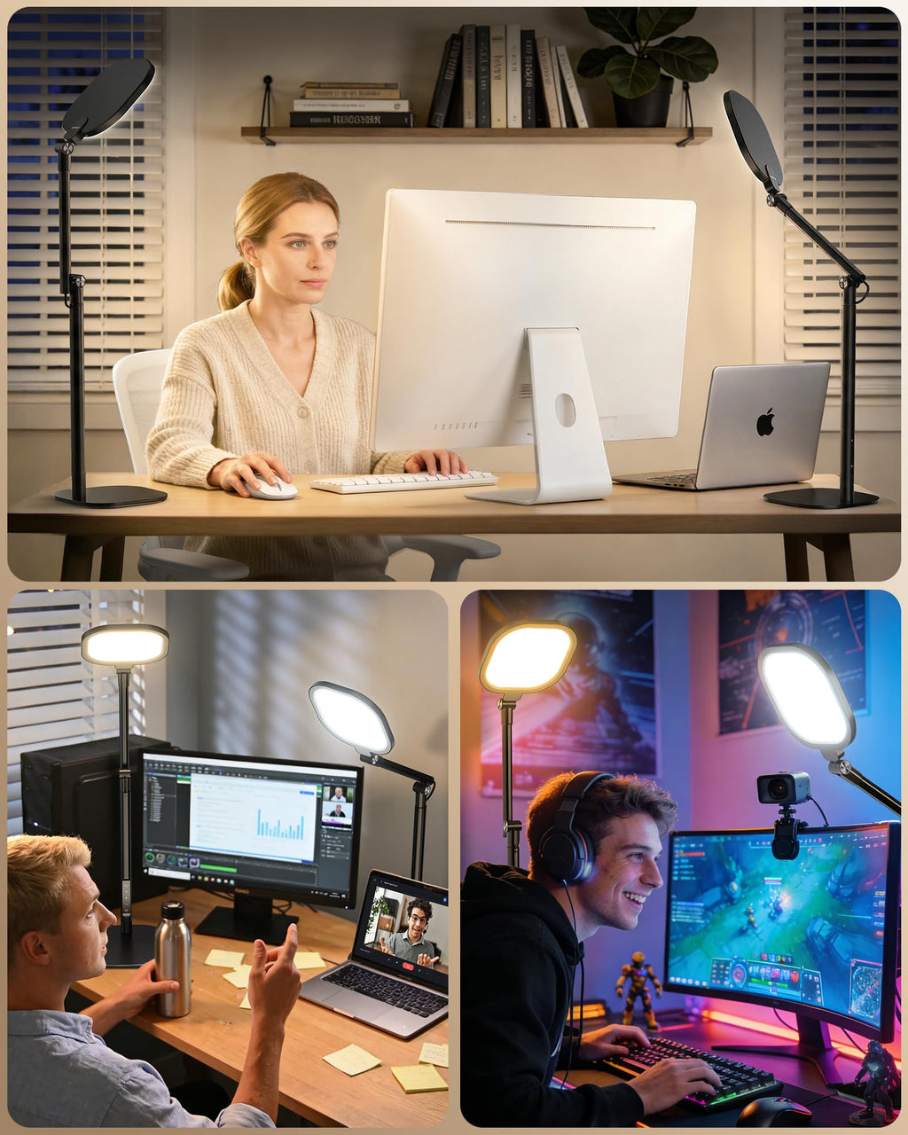 Led Desk Lamps for Home Office with Base, Video Conference Lighting for Zoom, Tall Desk Lamp with 50 Light Modes & Memory and Timer Func Computer Light, Ring Light for Desk for Video Streaming, Webcam
