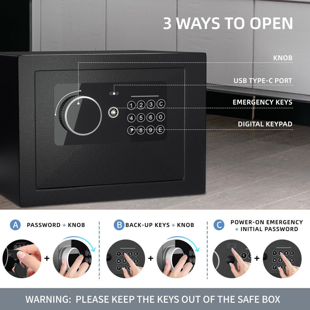 Digital Electronic Money Safe, Steel Security Lock Box with Keypad, Office Hotel Business Jewelry Gun Cash Safe, 0.23 Cubic Feet, 9.06" W x 6.69" D x 6.69" H（black）
