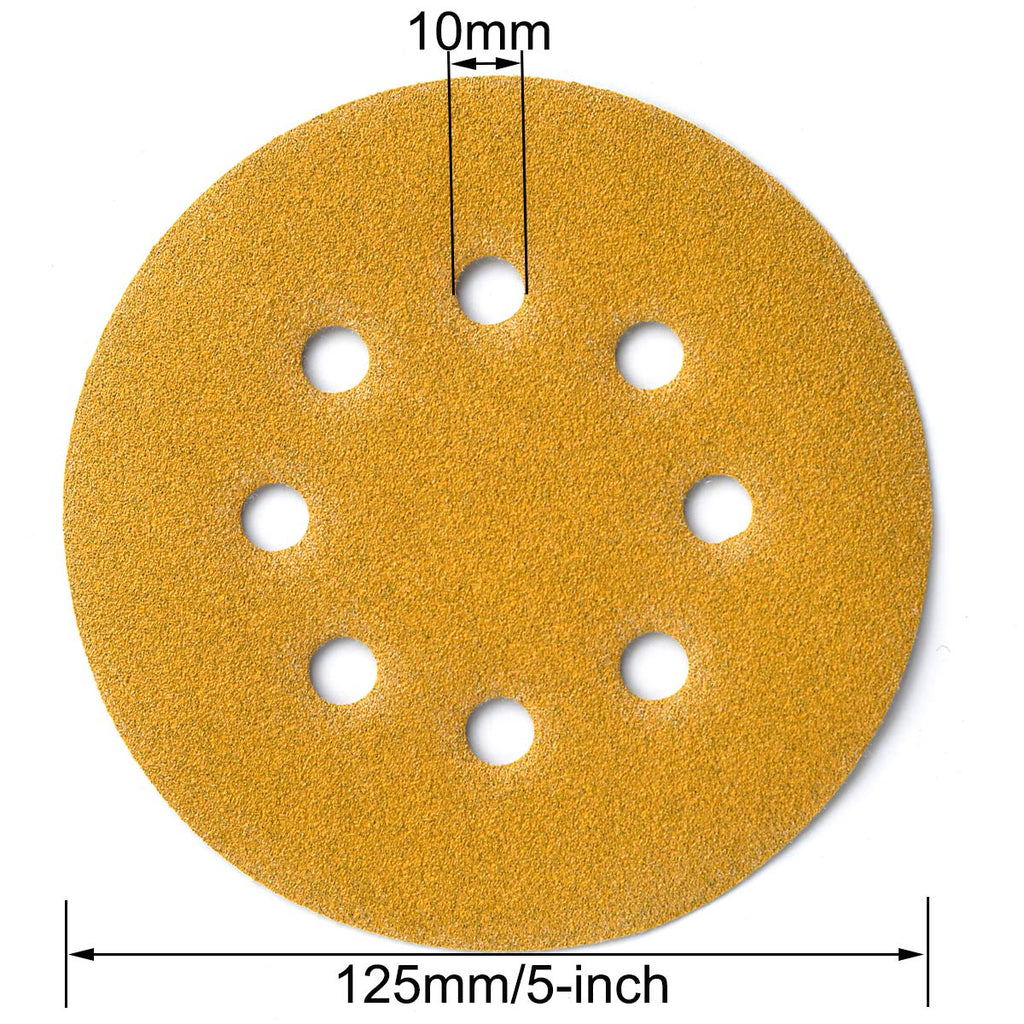 Aiyard 5-Inch 8-Hole Hook and Loop Sanding Discs 120-Grit Random Orbit Sandpaper, 100-Pack