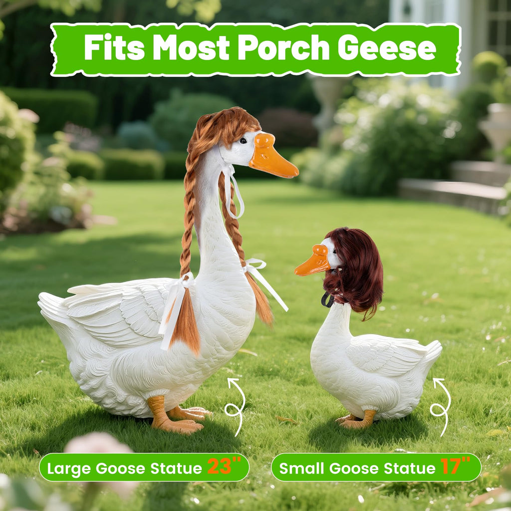Tawd 4 Pcs Porch Goose Wigs for 17/23" Statues, Braided Lawn Goose Costume with Secure Clips for Outdoor Garden Patio Yard Decoration