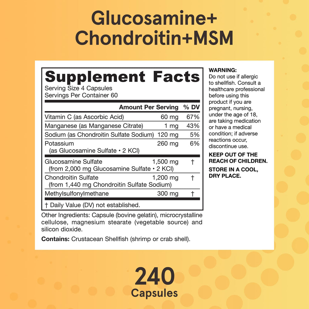 Jarrow Formulas Glucosamine, Chondroitin, and MSM Capsules; Joint Support Supplement with Vitamin C and Manganese, Bone & Joint Health, 240 Capsules, 60 Day Supply