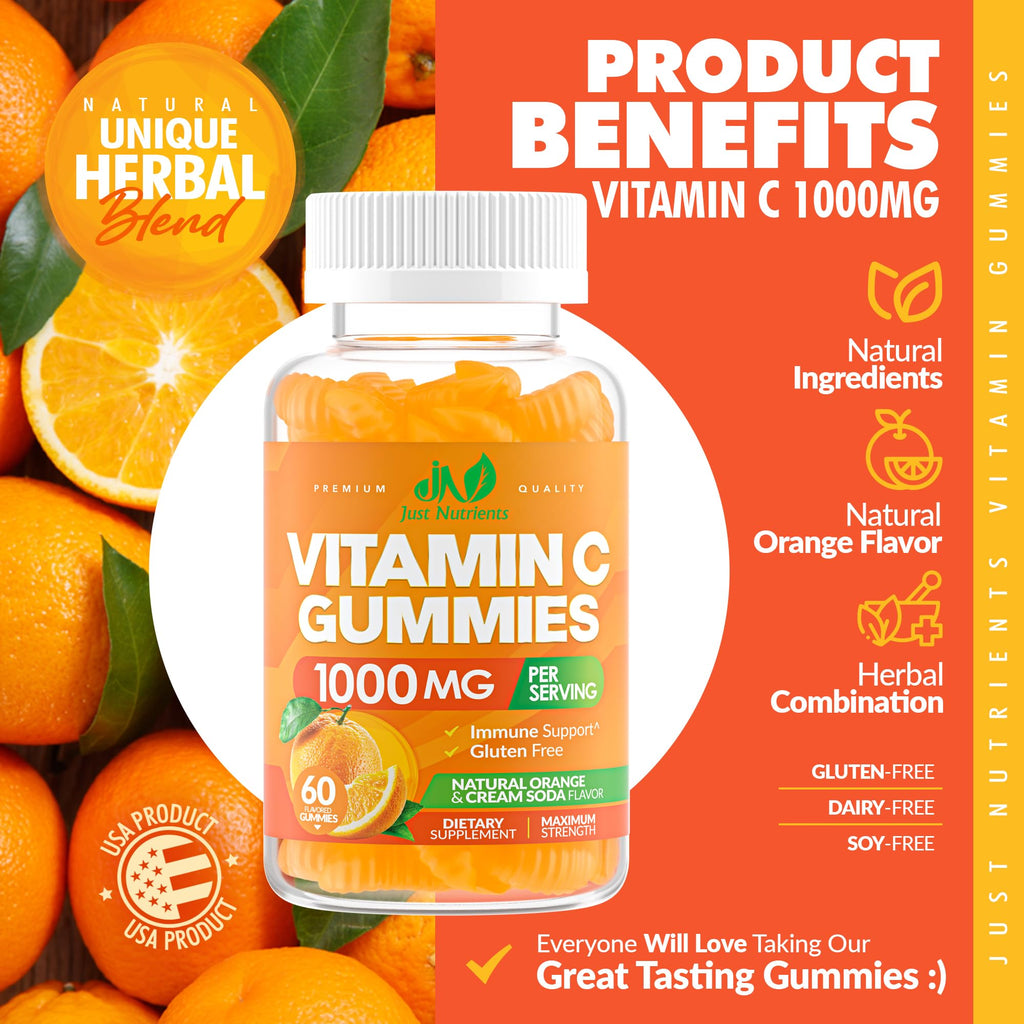 Vitamin C Gummies 1000mg – Chewable Multivitamin for Adults & Kids with Zinc for Immune & Collagen Support – Maximum Strength, Natural Orange Flavor – Gluten Free, Non-GMO, Vegetarian – 60 Gummies