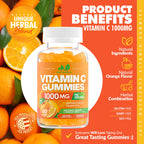 Vitamin C Gummies 1000mg – Chewable Multivitamin for Adults & Kids with Zinc for Immune & Collagen Support – Maximum Strength, Natural Orange Flavor – Gluten Free, Non-GMO, Vegetarian – 60 Gummies