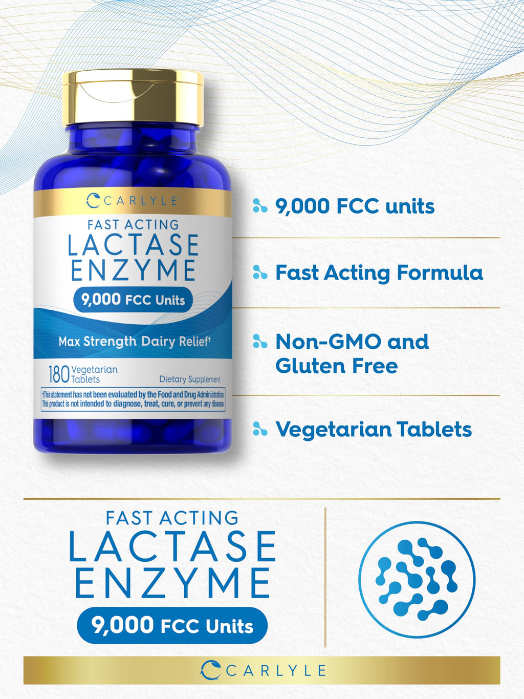 Carlyle Lactase Enzyme Tablets 9000 FCC | 180 Pills | Max Strength Dairy Relief | Fast Acting Formula | Vegetarian, Non-GMO, Gluten Free