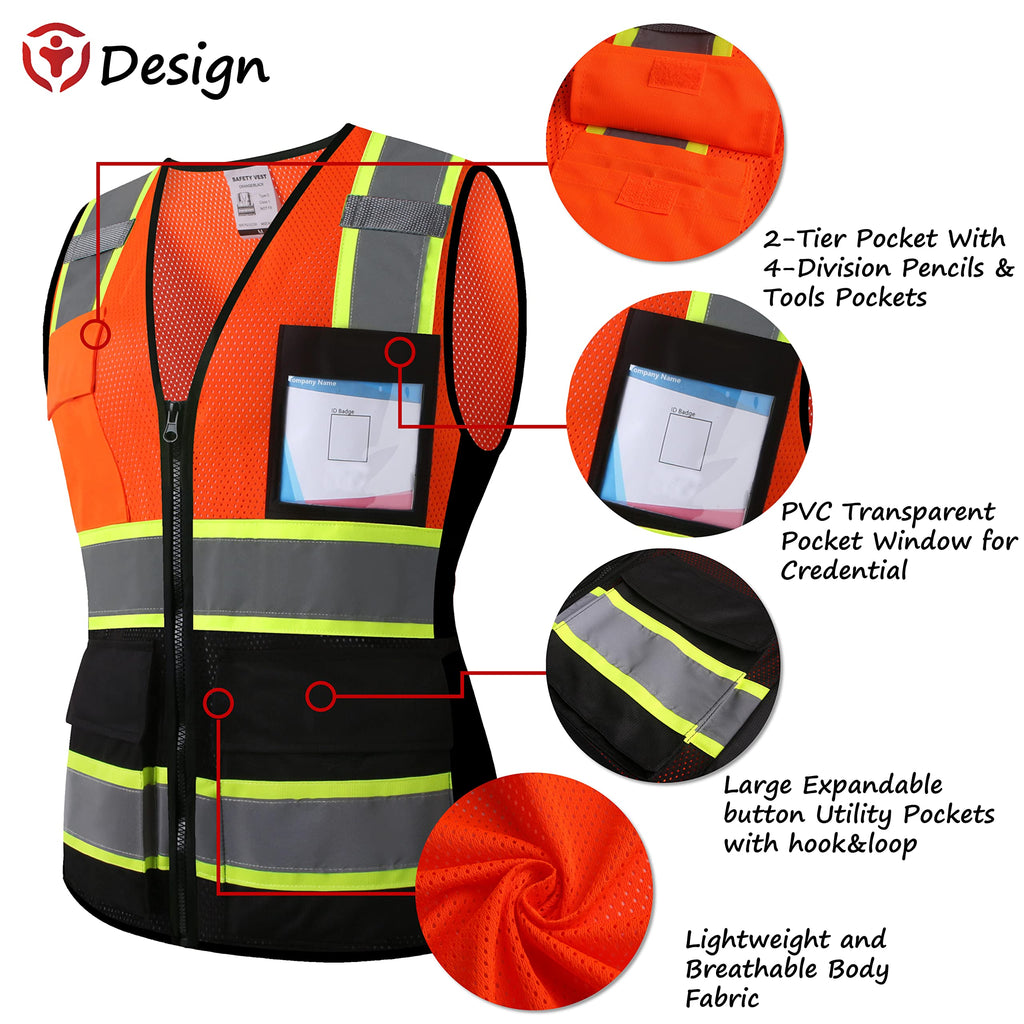 ASIPHITU Reflective Safety Vest for Women High Visibility Security Vest with Pockets Zipper Front Work Vest with Reflective Strips Meets ANSI/ISEA Standards(W-OrangeBlack-L)