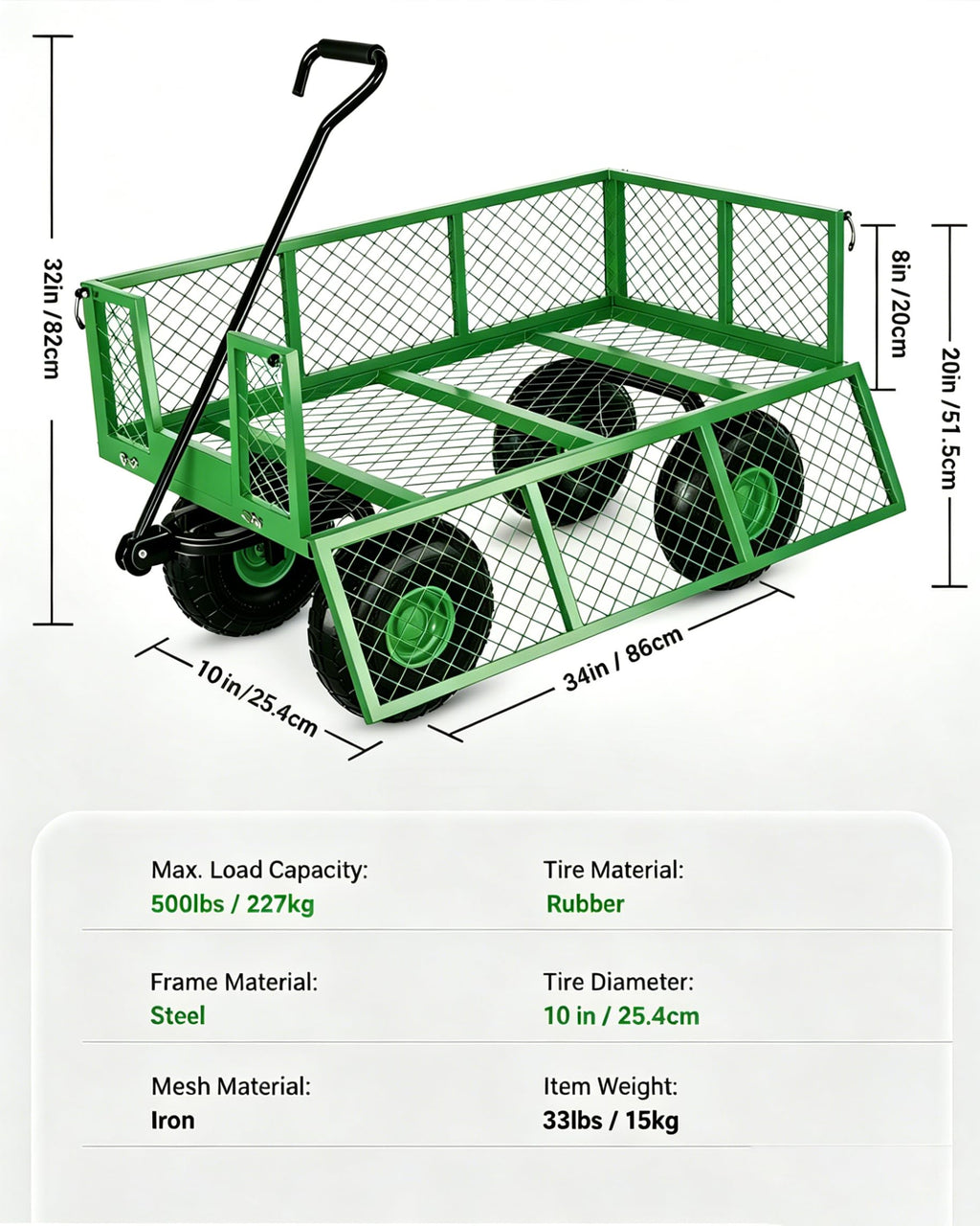 GarveeLife Heavy Duty Steel Garden Cart 500 LBS Capacity 3 in 1 Pullable Garden Wagon with 10 in Wheels for Gardening Soil, Tools, and Plant Transport