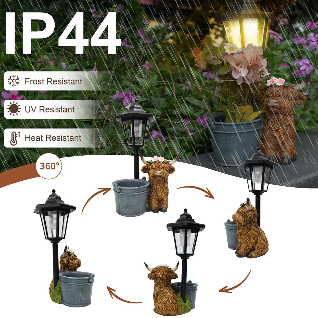 Muzzysse Highland Cow Statues Outdoor Solar Sculptures with Solar Lights and Flowerpot Funny Garden Decor Animal Figurines Resin Outdoor Statues for Patio Yard Lawn Balcony Grandma Mom Gifts
