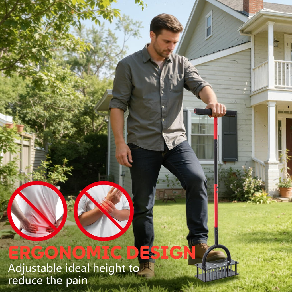 Lawn Aerator Tool, 16 Iron Spikes Manual Grass Aerator Lawn Tool with Spring-Loaded Design & Adjustable T-Handle, Automatic Leaf and Dirt Cleaning Yard Aerator for Loosening Soil Aerating Patio Garden