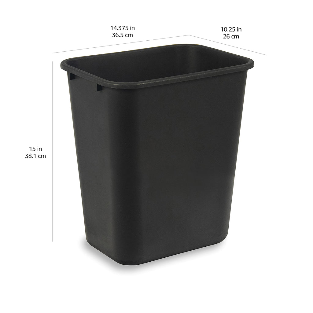 Amazon Basics Rectangular Plastic Office Wastebasket,14.4"L x 10.3"W x 15"H, 7 Gallon, Easy to Clean, Black, Pack of 2